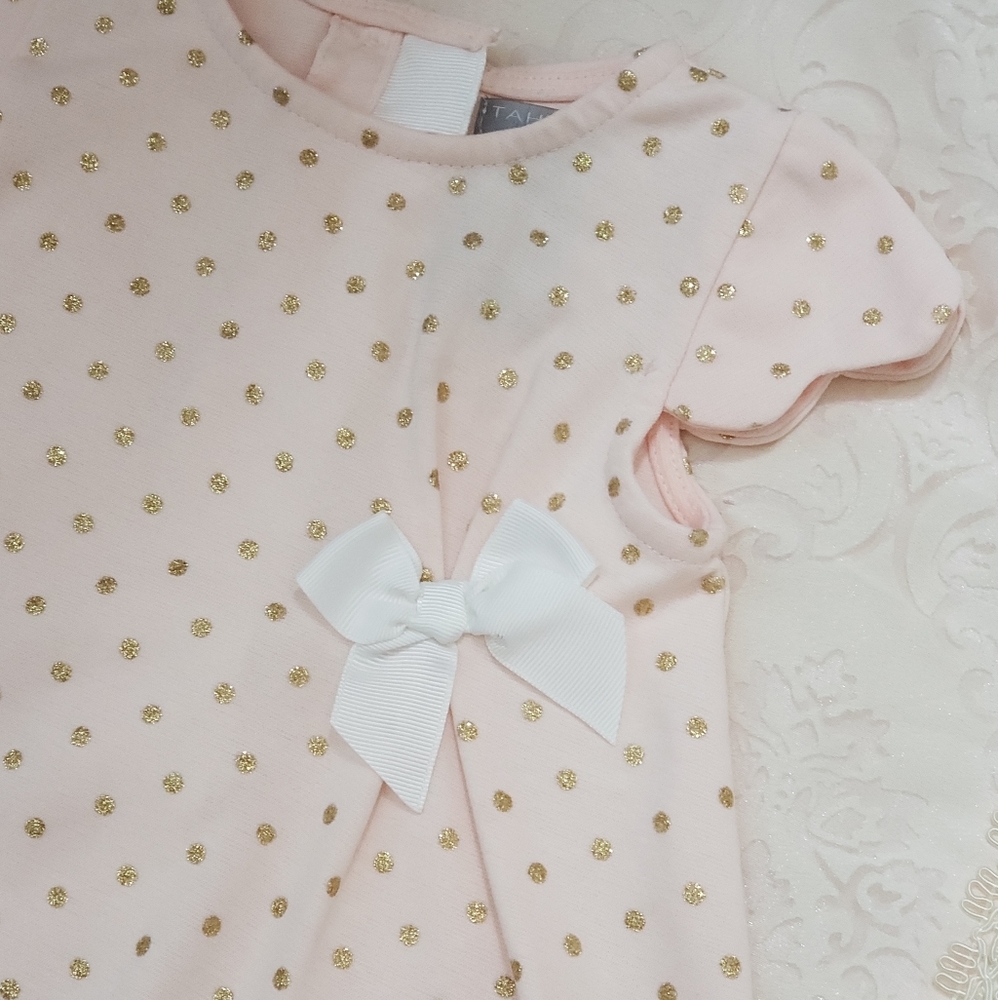 Tahari Baby Dress Blush Gold Polka Dots 12m